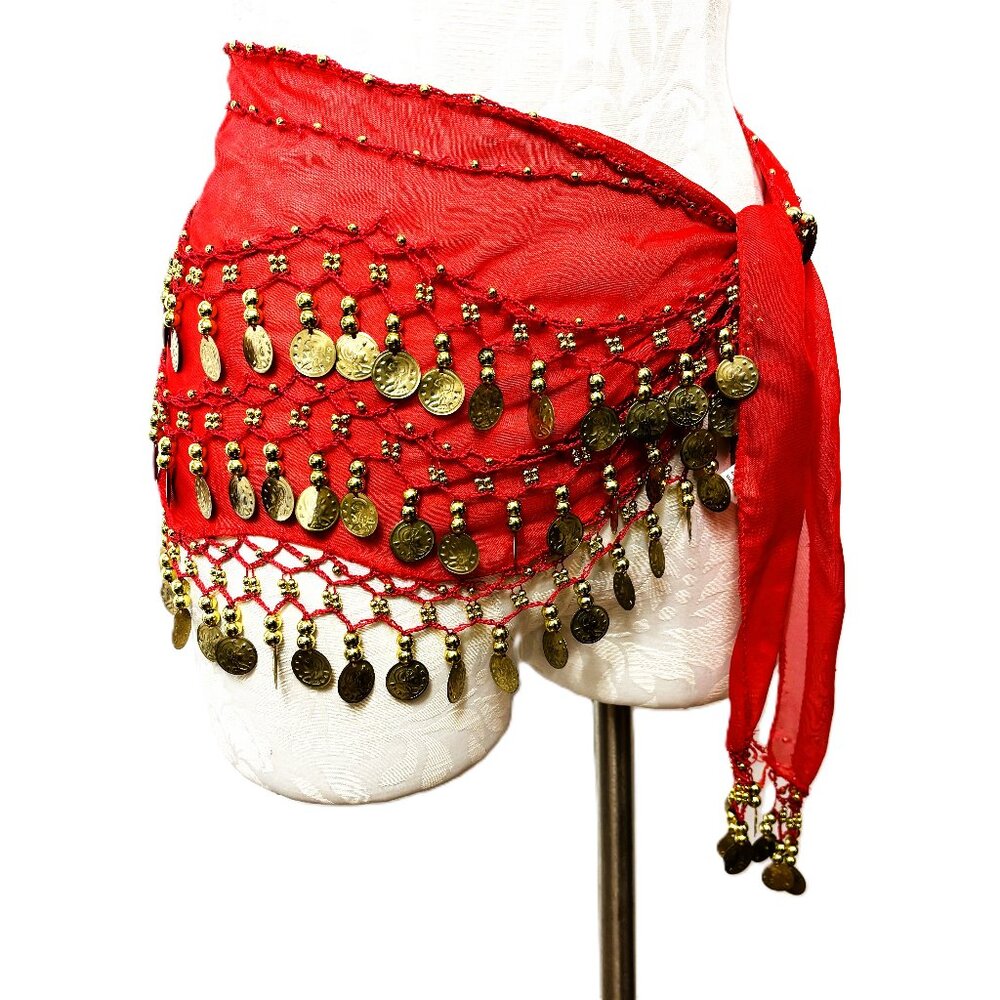 Red Belly Dance Hip Scarf with Three Rows Gold Coins